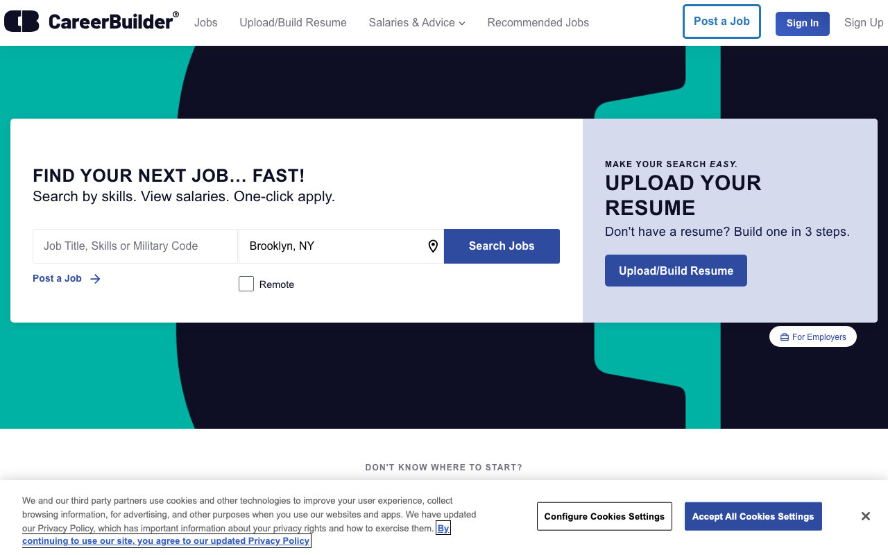 CareerBuilder homepage screenshot showing the job search interface in 2026