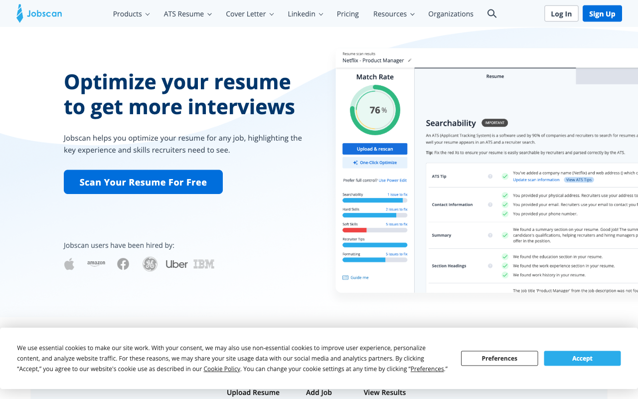 Jobscan homepage screenshot